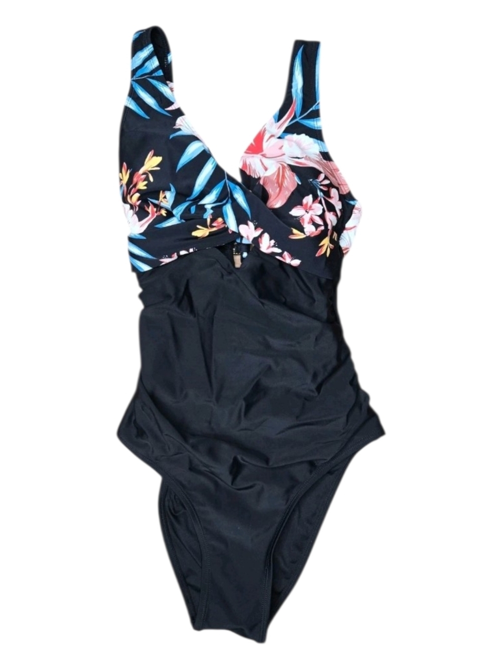 CUPSHE Womens Black Colorful Floral Print Tummy Contour One Piece Swimsuit Small - Picture 2 of 11